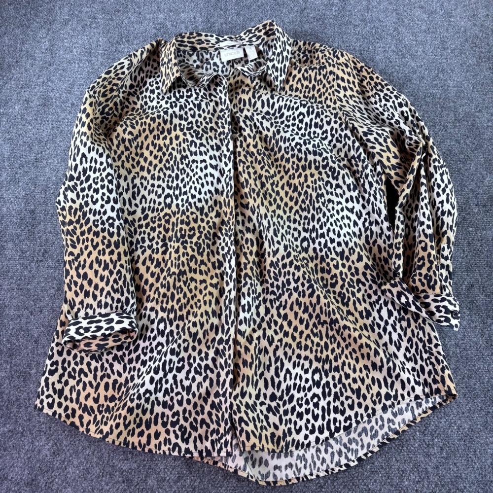 Chico's Button Down Shirt Women 3 XL Tan Leopard No-Iron 100% Cotton Blouse